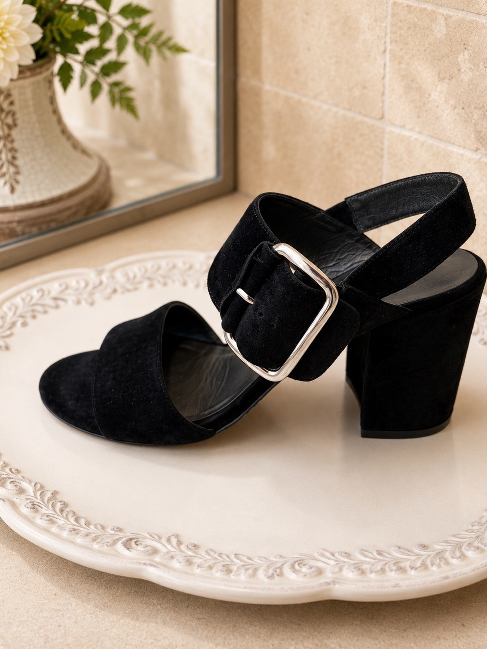Stuart Weitzman Black Suede Block Heel Sandals with Silver Buckle